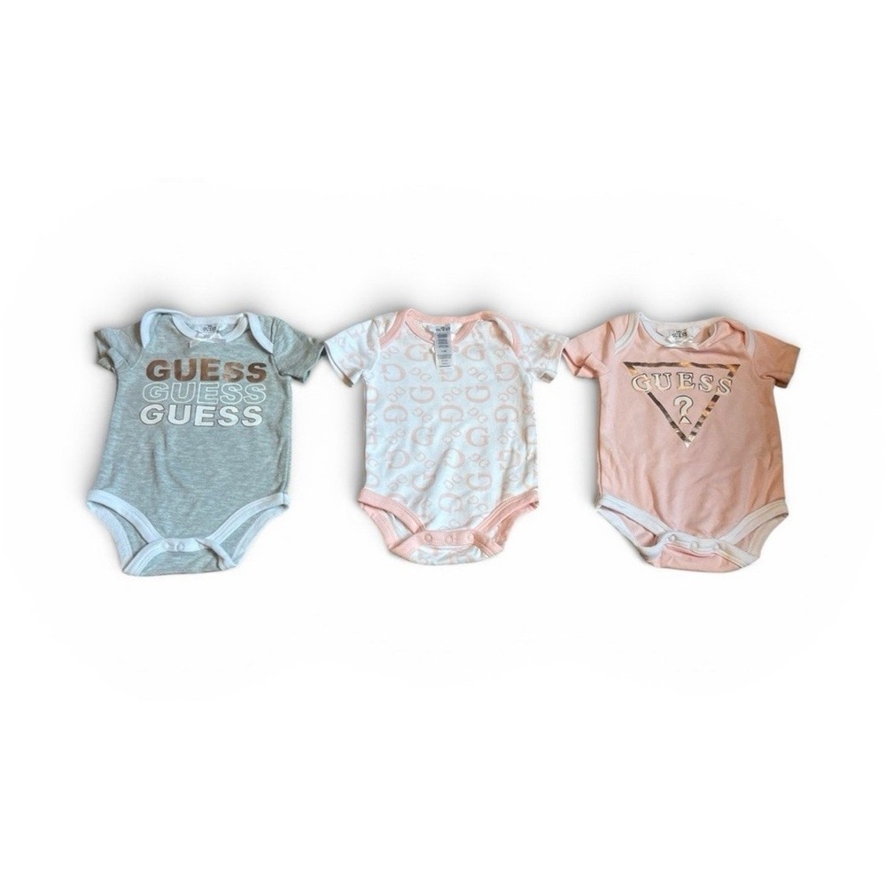 GUESS 3pc Baby Bodysuit Set 0-3 Months Short Sleeve Logo Snap
